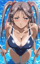 after_swimming ai_generated bible_black blue_eyes blue_swimsuit brown_hair curvy embarrassed from_above hair_ribbon highleg_swimsuit lips looking_at_viewer multiple_views poolside school_swimsuit shin_bible_black shiny_skin skindentation standing swimsuit_tan tanline toudou_yuki twintails two_side_up water wide_hips