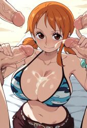 1girls 4boys ai_generated artist_request blowjob cfnm clothed_female_nude_male clothing female male multiple_boys nami_(one_piece) one_piece orange_hair short_hair tagme
