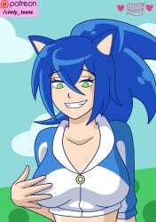 big_breasts blue_hair blue_hoodie blue_jacket blue_sky blue_sky_background breast breasts breasts_out cindy_toons green_eyes hoodie hoodie_only human human_female human_form jacket long_hair nipples outside pink_nipples ponytail rule_63 sky smile smiley_face smug smug_face smug_smile sonic_(series) sonic_the_hedgehog sonic_the_hedgehog_(series) tits_out