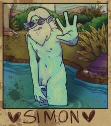 1boy adventure_time bashful bathing beard blue_body bush chest_hair embarrassed embarrassed_nude_male flaccid forest glasses hand_over_penis hand_up long_hair long_nose male male_only polaroid pubic_hair river shy signature simon_petrikov sketchventures solo