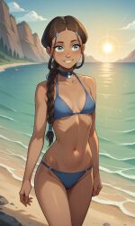 1girls ai_generated avatar_legends avatar_the_last_airbender beach bikini blue_bikini blue_eyes braid braided_hair breasts brown_hair choker dark-skinned_female dark_skin female female_only her_brother_drives_a_subaru katara ocean outdoors petite self_upload slim small_breasts smile solo solo_focus stable_diffusion swimwear