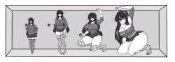 arm_on_ceiling arm_over_head crouching crouching_female embarrassed embarrassed_female giantess giantess_growth monochrome outgrowing_clothes outgrowing_room ripped_clothing ripped_stockings two-tone_hair vesper_(vixxperx) vixxperx