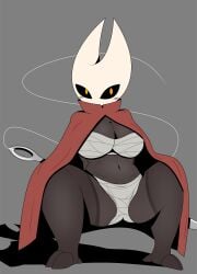 2_horns arthropod belly black_body breasts cleavage clothing crouching d1rk1sh female hollow_knight hornet_(hollow_knight) legs_spread orange_eyes red_clothing solo team_cherry