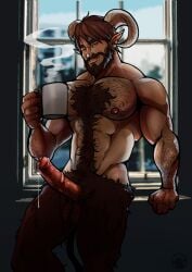 absurdres animal_penis balls bara beard body_fur brown_fur brown_hair coffee_mug cup erection facial_hair highres horns horse_penis huge_cock male male_focus mug muscular muscular_male penis precum precum_string satyr sheep_horns tail tavrosdraws testicles uncensored veins