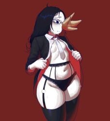 big_thighs black_hair colored_skin coral coral_glasses ena_(dream_bbq) ena_(series) female glasses huchik open_shirt stockings sweat sweatdrop thick_thighs thighhighs thighs underwear white_skin wide_hips