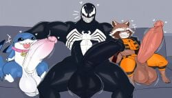 <3_eyes absurd_res ai_generated anthro ball_size_difference balls big_balls big_penis blush clothing collar erection fish foreskin fur genitals glans group guardians_of_the_galaxy heart hellsonger hi_res huge_balls huge_cock humanoid_genitalia humanoid_penis hyper hyper_balls hyper_genitalia hyper_penis jeff_the_land_shark jumpsuit long_penis male male/male mammal marine marvel marvel_rivals muscular muscular_male open_mouth pecs penis pink_glans retracted_foreskin rocket_raccoon shark sharp_teeth simple_background sitting size_difference small_but_hung smile teeth thick_penis trio uncircumcised vein veiny_penis venom_(marvel) white_body