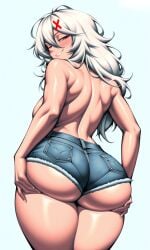 ai_generated big_ass big_hips denim_shorts erispheria from_behind hair_between_eyes hands_on_ass long_hair looking_at_viewer looking_back messy_hair niamy red_eyes seductive smile smug thick_thighs topless twitch vtuber white_hair wide_hips youtube