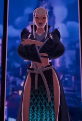 1girls angry_face arms_crossed blue_lips blue_lipstick city_background female fortnite fortnite:_battle_royale japanese_clothes japanese_female long_hair mad_face mizuki_(fortnite) no_pants only_female perete skirt