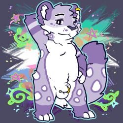 1:1 animal_genitalia anthro dutch_(dutchleopard) ear_piercing felid furgonomics furry-specific_piercing genital_piercing genitals male mammal pantherine piercing pride_color_flag purple_body sheath sheath_piercing sheath_poke snow_leopard solo white_body zhiibe