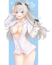 !? absurdres black_hairband blue_background blue_pupils border breasts caught cellphone collarbone collared_shirt commentary cowboy_shot dot_nose female firefly_(honkai:_star_rail) grey_hair hair_between_eyes hairband hands_up highres holding holding_phone honkai:_star_rail honkai_(series) large_breasts long_hair long_sleeves looking_at_viewer naked_shirt nipple_slip nipples nokchya_ame open_clothes open_mouth open_shirt outside_border phone purple_eyes pussy shirt smartphone solo surprised sweat uncensored wavy_mouth white_border white_shirt
