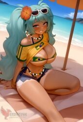 1girls 2d ai_generated aqua_hair ass barefoot big_ass big_breasts bikini bracelet brazilian_miku breasts dark-skinned_female earrings erophoenix eyewear_on_head feet full_body grin hair_flower hair_ornament hatsune_miku huge_breasts jewelry kneeling long_hair looking_at_viewer looking_back nail_polish patreon_username shorts smile soles solo solo_female sunglasses swimsuit tan tellow_shirt thick thick_thighs toes uncensored vocaloid