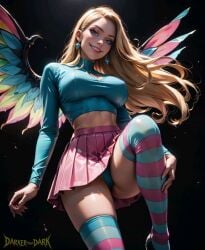 1girls 2024 ai_assisted ai_generated big_breasts black_background blonde_hair clothed clothed_female cornelia_hale deviantart_link disney earrings female female_protagonist guardian large_breasts legwear light-skinned_female long_hair long_sleeves looking_at_viewer midriff miniskirt pankaban panties panties_peek panties_under_skirt pink_miniskirt pink_skirt pleated_skirt realistic smile smiling smiling_at_viewer solo striped_legwear thighhighs w.i.t.c.h. western_cartoon wings