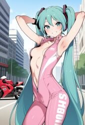 ai_generated aqua_eyes armpits arms_behind_head belly bikesuit blush cameltoe city facing_viewer female fingerless_gloves half-closed_eyes happy hatsune_miku headphones midriff motorcycle nibba open_bodysuit outdoors pink_bodysuit shiny_skin slim_waist small_breasts smile standing sweat twintails very_long_hair