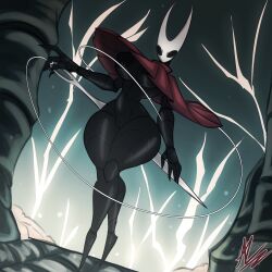 2_horns absurd_res alicard anthro arthropod big_breasts black_body black_eyes breasts clothing colored digital_media_(artwork) exoskeleton female genitals hi_res hollow_knight:_silksong hollow_knight_(franchise) horn hornet_(hollow_knight) humanoid insects nipples solo team_cherry theeldritcheyes thick_thighs vulva
