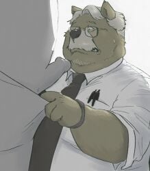 2025 anthro canid canine canis clothing domestic_dog duo erection eyewear facial_hair genitals glasses hi_res kemono male male/male mammal mature_male moustache necktie o_miso_n overweight overweight_male penis shirt topwear