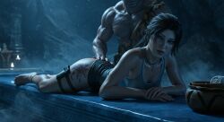 3d 3d_(artwork) 3d_animation ai_generated caveman lara_croft lara_croft_(survivor) leshay7 looking_at_viewer lying massage massage_table ponytail tomb_raider tomb_raider_(survivor)
