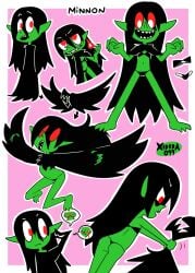 1girls 1other 3_toes artist_logo black_bikini black_bra black_hair black_slime black_thong character_reference character_sheet choking choking_partner female female_goblin fire goblin goblin_female goblin_girl green-skinned_female green_skin living_clothes living_clothing looking_at_viewer minnon minnon_(xierra) pointy_ears pointy_nose red_eyes sentient_clothing sentient_object shapeshifting xierra099