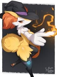 2024 3_toes 4_fingers absurd_res anthro areola braixen breasts canid canine clothing digital_media_(artwork) elemental_manipulation fan_character feet female fingers fire fire_manipulation fur generation_6_pokemon hat hat_only headgear headgear_only headwear headwear_only hi_res inner_ear_fluff light_(codeco) looking_at_viewer mammal mostly_nude mostly_nude_anthro mostly_nude_female multicolored_body multicolored_fur nintendo nipples orange_eyes pawpads paws pokemon pokemon_(species) side_view simple_background solo standing toes tuft witch_hat yellow_body yellow_eyes yellow_fur zinfyu