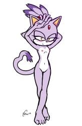2019 accessory anthro arms_above_head bare_hands barefoot blaze_the_cat blush breasts dipstick_tail domestic_cat feet felid feline felis female forehead_gem fur gem genitals hair_accessory hi_res mammal markings multicolored_body multicolored_fur nipples notsafeforcurt nude purple_body purple_fur pussy sega small_breasts solo sonic_(series) sonic_the_hedgehog_(series) stretching tail tail_markings white_body white_fur yellow_eyes