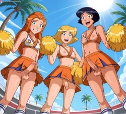 3futas ai_generated alex_(totally_spies) blonde_hair blue_eyes boobly brown_eyes brown_hair cheerleader cheerleader_uniform clover_(totally_spies) from_below futa_on_futa futa_with_futa futanari green_eyes intersex medium_breasts orange_hair outdoors pom_poms public sam_(totally_spies) socks totally_spies
