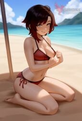 1girls 2d ai_generated ass back barefoot beach beach_umbrella big_ass big_breasts bikini black_bikini breasts day erophoenix feet female gradient_hair light-skinned_female light_skin looking_at_viewer looking_back multicolored_hair nipple_slip nipples outdoors pale-skinned_female pale_skin patreon_username red_hair ruby_rose rwby short_hair sitting sky smile soles solo swimsuit two-tone_hair umbrella uncensored