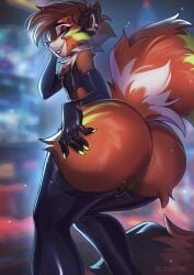 2025 ailurid ambiguous_gender anthro ass blue_eyes brown_body brown_fur brown_hair brown_tail clothed clothed_ambiguous clothing digital_media_(artwork) ear_piercing fur hair hi_res legwear mammal piercing red_panda smile solo tail thigh_highs tlt_echelon