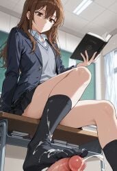 ai ai_assisted ai_generated brown_eyes brown_hair cum cum_on_socks cumshot ejaculation elkazama_yumi erection feet female femdom foot_fetish footjob footwear hori_kyouko horimiya penis school school_uniform socks