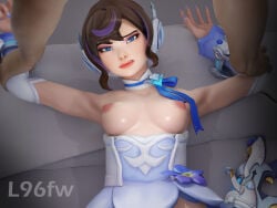 1boy 1boy1girl 1girls blue_eyes boobs breasts_out brown_hair female female_focus gun holding_hands juno_(overwatch) l96fw looking_at_partner looking_at_viewer male overwatch overwatch_2 sexy sexy_body sexy_clothing sexy_female sexy_pose short_hair small_boobs small_breasts weapon