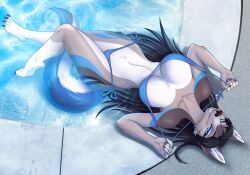 1girls anthro big_breasts bikini bikini_pull black_hair blue_eyes breasts canid canine canis chia_mio clothing clothing_pull female furry hi_res looking_at_viewer lying mammal partially_submerged poolside smile smiling_at_viewer solo swimwear swimwear_pull two-piece_swimsuit water white_body wolf wolf_girl