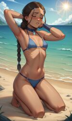 1girls ai_generated avatar_legends avatar_the_last_airbender beach bikini blue_bikini blush braid braided_hair breasts brown_hair choker closed_eyes dark-skinned_female dark_skin female female_only her_brother_drives_a_subaru katara kneeling ocean outdoors petite self_upload slim small_breasts solo solo_focus stable_diffusion