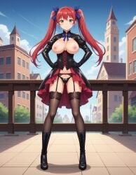 ai_generated areolae ass_visible_through_thighs bangs black_clothes black_dress black_footwear black_legwear black_panties black_thighhighs black_underwear blue_bow blue_sky blush boots bow breastless_clothes breasts breasts_out building city clock_tower closed_mouth clothing cloud corset day dress female female female_only footwear garter_belt garter_straps gloves green_eyes hair_ornament hair_ribbon hands_on_hips hands_on_own_hips high_heels hiiragi_takane juliet_sleeves large_breasts legwear lingerie long_hair long_sleeves looking_at_viewer navel nee_chanto_shiyou_yo nipples original outdoors panties pantsu puffy_sleeves red_hair ribbon shoes showgirl_skirt shrug_(clothing) skirt sky smile solo standing thigh_boots thighhighs thighs twintails underwear