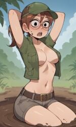 ai_generated ass bigmic145 breasts brown_hair cap cleavage dirty female glasses hat jacket julie_powers mud muddy navel netflix nude ponytail safari safari_hat safari_jacket scott_pilgrim scott_pilgrim_takes_off shorts topless tube_top tubetop wardrobe_malfunction