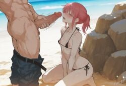 1girls ai_generated beach blush faceless_male female huge_cock kizirugai kneeling kobayashi kobayashi-san_chi_no_maidragon looking_at_penis male male_masturbation micro_bikini motion_lines muscular muscular_male penis_awe petite precum precum_drip rock saliva sea smelling tagme