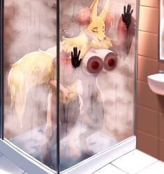 absurd_res against_surface anthro breast_squish breasts canid canine delphox duo female fox generation_6_pokemon hands_on_hips hi_res human male male/female mammal miramint nintendo on_glass pokemon pokemon_(species) sex shower shower_sex squish