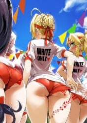 absurdres adjusting_buruma adjusting_clothes ahoge arms_behind_back asanagi ass black_hair blonde_hair blue_sky blush braid braided_bun breasts buruma cloud covering covering_ass cowboy_shot day fate/grand_order fate_(series) female female_only french_braid frilled_panties frills from_behind green_eyes gym_uniform hair_ornament hair_scrunchie headband high_ponytail highres horns long_hair looking_back medium_breasts minamoto_no_raikou_(fate/grand_order) mordred_(fate) multiple_girls nero_claudius_(fate) nero_claudius_(olympian_bloomers) no_nude olympian_bloomers open_mouth outdoors panties panties_under_buruma panty_slip ponytail purple_hair queen_of_hearts raceplay red_buruma red_headband scrunchie shirt short_hair short_sleeves sky standing thighs third-party_edit underwear very_long_hair white_panties white_shirt