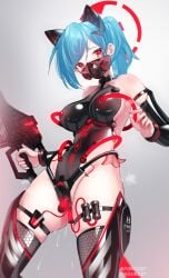 absurdres anal anal_object_insertion animal_ears aqua_hair black_leotard breasts censored detached_sleeves fake_animal_ears female halo highres holding holding_weapon latex latex_leotard latex_sleeves latex_thighhighs leotard looking_at_viewer maguro27 mask medium_breasts mosaic_censoring object_insertion original ponytail pussy pussy_juice red_eyes respirator sex_toy shiny_clothes sideboob skin_tight skindentation solo thighhighs vaginal_object_insertion vaginal_penetration vibrator weapon