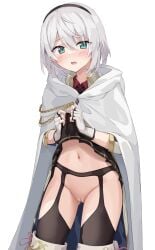 amnesia_(majo_no_tabitabi) black_garter_straps black_hairband black_skirt black_thighhighs blush cape cleft_of_venus clothes_lift female fingerless_gloves garter_straps gloves green_eyes hair_between_eyes hairband highres lifting_own_clothes looking_at_viewer majo_no_tabitabi navel open_mouth pussy simple_background skirt skirt_lift solo standing thighhighs toeri_(rococo) white_background white_cape white_gloves