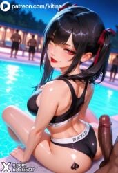 1boy 1girls ai_generated ass back_view bare_legs bare_shoulders big_ass big_breasts big_penis black_clothing black_hair blacked blacked_clothing dark-skinned_male date_a_live female female_focus from_behind heterochromia horny imminent_sex interracial kitina light-skinned_female looking_at_viewer looking_back naked_male netorare night ntr outdoors panties pool public qos qos_tattoo queen_of_spades red_lipstick sexy snowbunny spade_tattoo sports_bra sportswear tattoo tattoo_on_butt tokisaki_kurumi