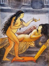 bed bedroom black_hair breasts breasts_out candlelight eros eros_(greek_mythology) greek_mythology lamp light long_hair natural_breasts nude nude_female nude_male nudity on_bed psyche psyche_(greek_mythology) sleeping sneaky wings