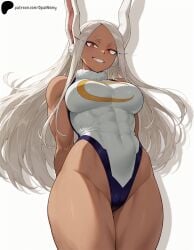 1girls abs ai_generated arms_behind_back biceps bodysuit boku_no_hero_academia breasts cameltoe curvy dark-skinned_female dark_skin female from_below hi_res high_quality high_resolution highres huge_breasts large_breasts latex latex_bodysuit legs long_eyelashes long_hair looking_at_viewer mirko miruko muscular muscular_female my_hero_academia opal_nemy patreon patreon_logo patreon_username plain_background rabbit_ears red_eyes rumi_usagiyama self_upload shadow simple_background smile teeth thick_eyebrows thick_thighs thighs usagiyama_rumi watermark white_background white_hair