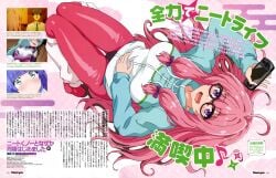 1boy 4girls absurdres ahoge announcement_celebration asmr atsumi_tsukasa black_hair blue_hair blush bodysuit breasts brown-framed_eyewear closed_mouth collarbone controller female game_controller glasses green_eyes green_hair gym_uniform hair_between_eyes hair_ribbon highres holding holding_controller holding_game_controller holding_kunai holding_shuriken holding_weapon ideura_shizuri_(neet_kunoichi) indoors izumi_hina_(neet_kunoichi) jacket kunai large_breasts leg_warmers long_hair looking_at_viewer magazine_scan maid_cafe momochi_ayame_(neet_kunoichi) monster_energy multiple_girls natsumi_kanna_(neet_kunoichi) neet_de_otaku_na_kunoichi_to_naze_ka_dousei_hajimemashita newtype ninja official_art open_mouth original pantyhose pantyhose_under_swimsuit pink_bodysuit pink_hair pink_pantyhose ponytail purple_eyes red_eyes ribbon scan shiny_clothes shuriken sidelocks simple_background smile solo swimsuit takemoto_kazuki weapon white_background