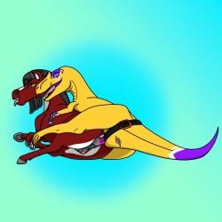 allia_(fuckermare) allosaurid allosaurus anal anal_sex animal_genitalia animal_pussy anus ass bodily_fluids browny_(fuckermare) claws clitoral_winking clitoris cloaca colored digital_media_(artwork) dildo dinosaur duo equid equine equine_anus equine_genitalia equine_pussy female female/female female_penetrated female_penetrating female_penetrating_female feral feral_on_feral feral_penetrated from_behind_position fuckermare genital_fluids genitals hi_res interspecies mammal open_mouth penetration penile penile_penetration penis prehistoric_species puffy_anus pussy reptile scalie sex sex_toy sex_toy_insertion simple_background smile strapon tail theropod tongue toying_partner