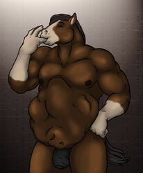 1boy anthro anthro_male big_belly equine finger_licking flaccid foreskin freckles_(artist) furry furry_only gay horse large_penis male male_only muscular_anthro no_humans penis soft_vore soto standing stomach_bulge sucking tail vore