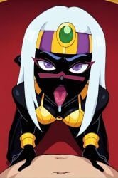 ai_generated bracelet breasts cleavage dark_skin female jewelry long_hair open_mouth pov purple_eyes straight tongue