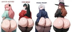 4girls ai_generated anya's_mother_(spy_x_family) ass ass_bigger_than_head ass_chart ass_comparison ass_focus big_ass big_breasts big_butt black_eyes black_hair blush breasts bubble_ass bubble_butt daidoujipv fat_ass female fiona_frost green_eyes hair_over_eyes huge_ass huge_butt light-skinned_female light_skin multiple_girls orange_hair pants_down partially_clothed pink_hair red_eyes red_hair showing_ass solo_female spy_x_family sylvia_sherwood tagme white_hair yor_briar yor_forger