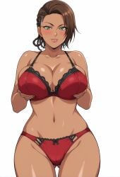 abs ai_generated azucena_milagros_ortiz_castillo bandai_namco big_breasts breasts brown_hair cleavage curvy curvy_female curvy_figure dark-skinned_female dark_skin earrings female flower_in_hair gloves green_eyes hair_ornament latina looking_at_viewer namco office_clothing peruvian peruvian_female pose seductive short_hair solo standing style sweat tan-skinned_female tan_skin tekken tekken_8 video_game_character voluptuous voluptuous_female wide_hips