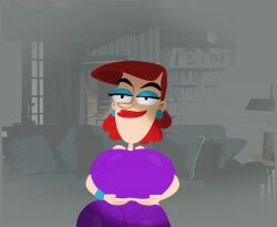 2024 animated big_breasts blue_armwear blue_earrings blue_eyelids blue_eyeshadow breasts cookie_falcone fugget_about_it huge_thighs large_breasts pressing_breasts_together purple_clothing purple_dress pushing_breasts_up red_hair red_lips red_lipstick thick_hips thick_lips thick_thighs weirdly_ominous whimbly white_belt