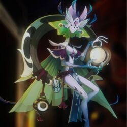 dryad ekka_(monster_train) female green_cape happy hybrid magic monster_girl monster_train monster_train_2 moon sfw sfw_version small_breasts tagme women