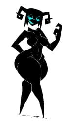 2_fingers alien bioluminescence black_body black_skin breasts claws corru.observer female fingers gakvu_(corru_observer) glowing grin horn humanoid machine nude obesk pomegraniter pose simple_background smile solo thick_thighs