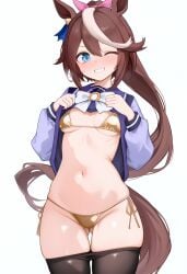 ai_generated animal_ears brown_hair female golden_bikini horse_girl pony_tail ribbon tokai_teio_(umamusume) tracen_school_uniform two_tone_hair umamusume umamusume_pretty_derby